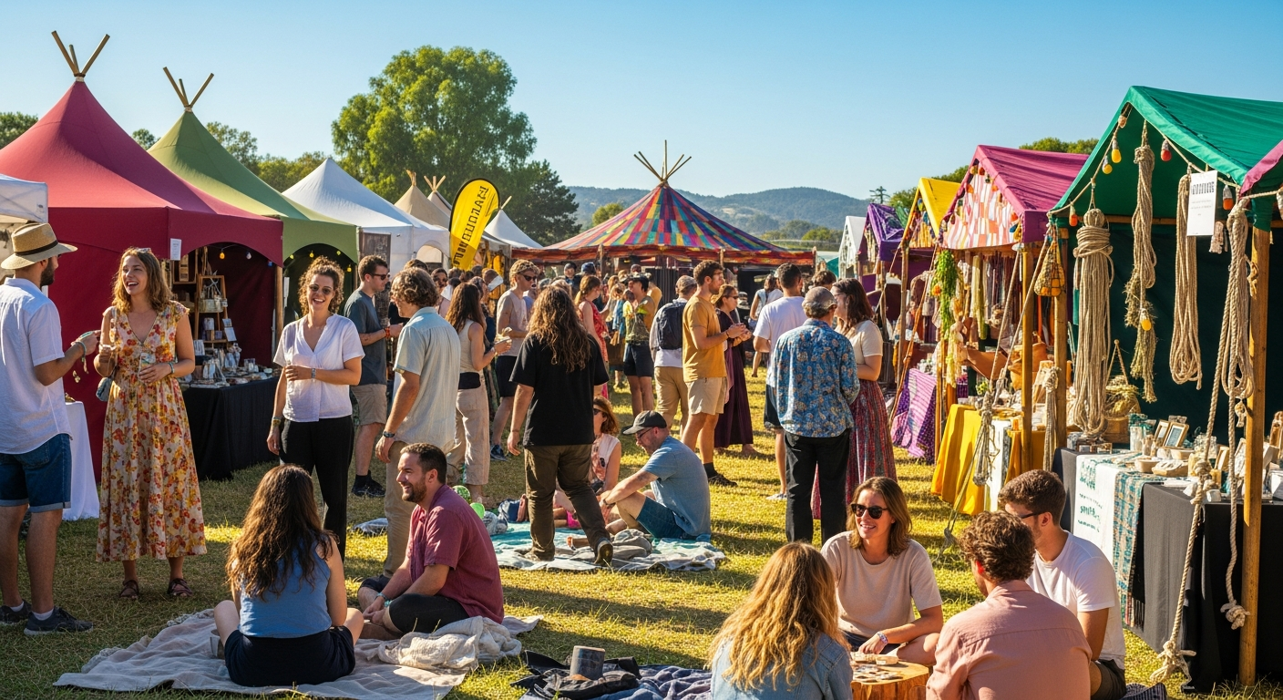 Colorful crowd gathered at outdoor hemp festival celebration