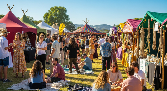 Colorful crowd gathered at outdoor hemp festival celebration