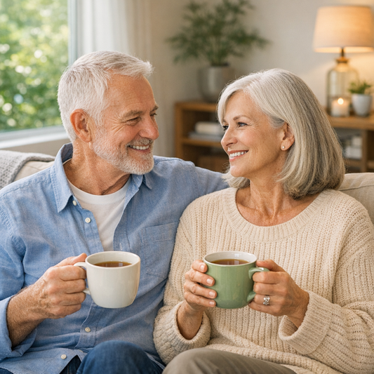 Senior adult holding CBD tincture with wellness products nearby