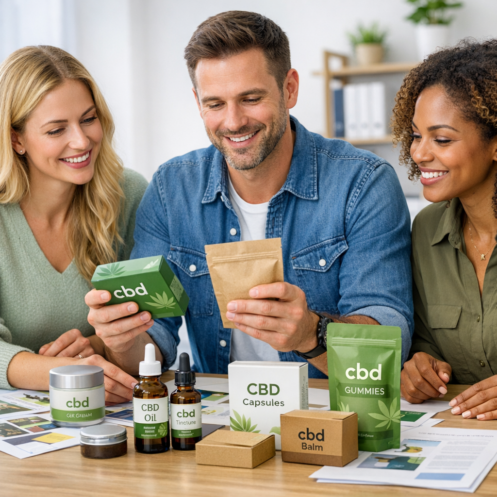 CBD product bottles with custom branded packaging design