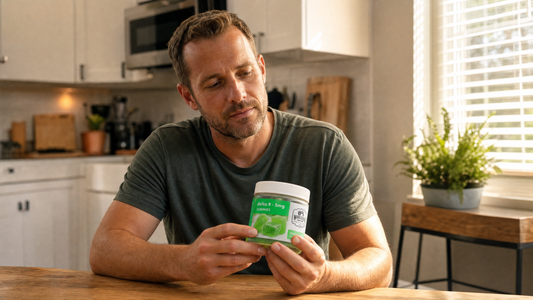 Man examining a Wholesale Hemp Farms Hemp Delta-9 Gummy jar at his kitchen table in warm morning light