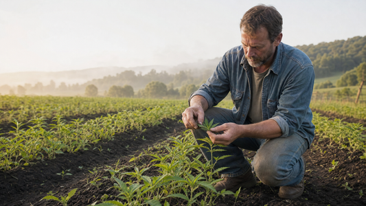 Kentucky hemp farmer inspecting young hemp seedlings during the growing season