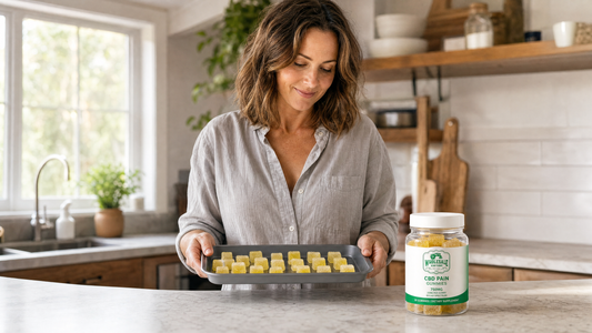woman in a kitchen with a tray of homemade cbd gummies and a Wholesale Hemp Farms gummy jar