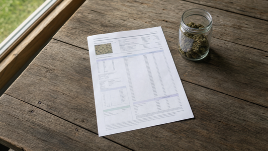 Hemp lab paperwork and a small jar of dried hemp flower on a wooden farm table in natural daylight