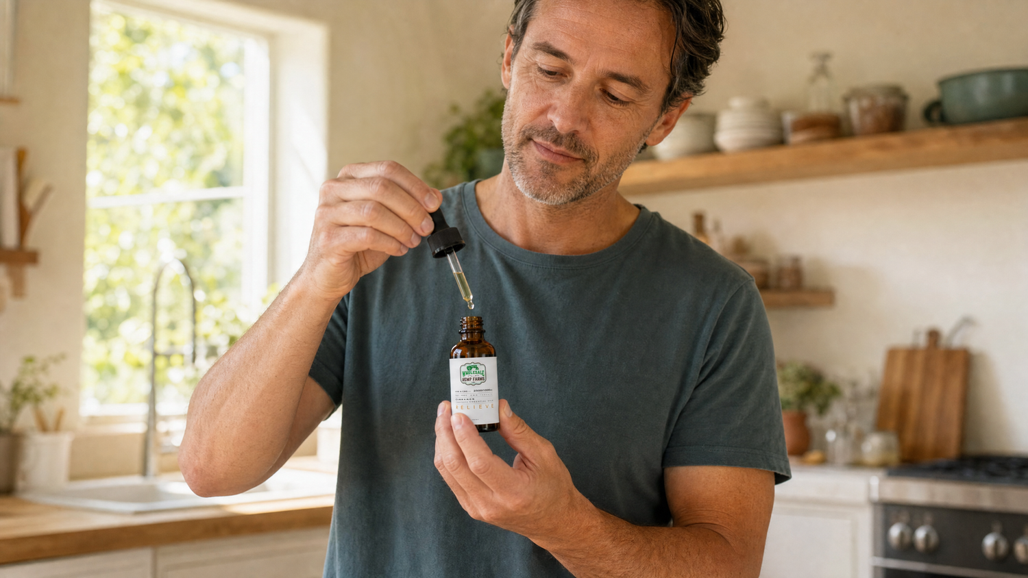 man holding wholesale hemp farms cbd oil tincture dropper above bottle in kitchen