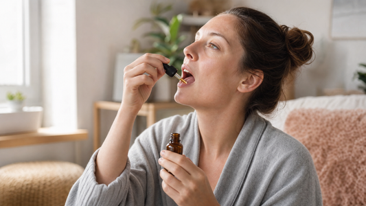 Person holding a CBD tincture dropper to their mouth in soft morning light