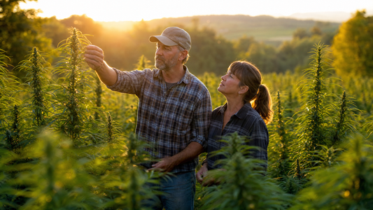 Two Kentucky hemp farmers walking through a tall industrial hemp field at golden hour inspecting the crop