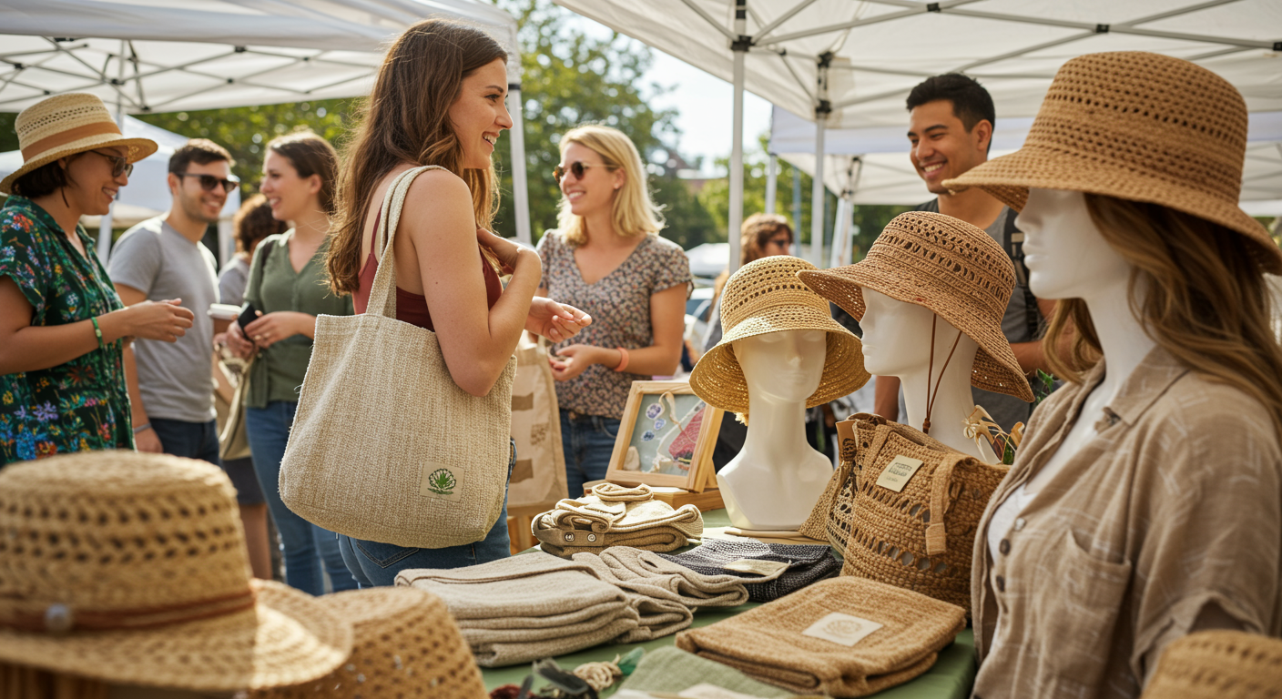 Woven hemp tote bag and canvas accessories on neutral fabric