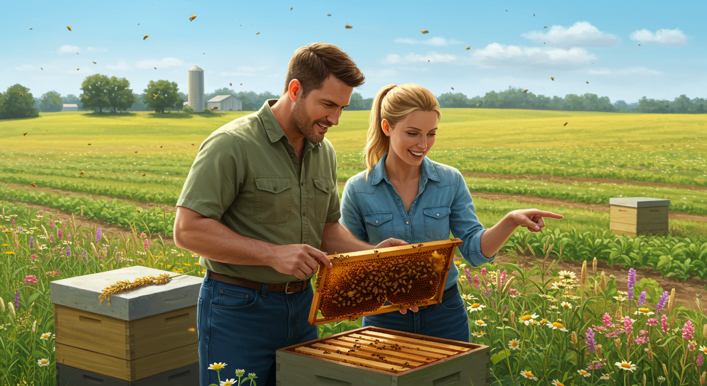 Honeybee pollinating blooming hemp flower in green agricultural field