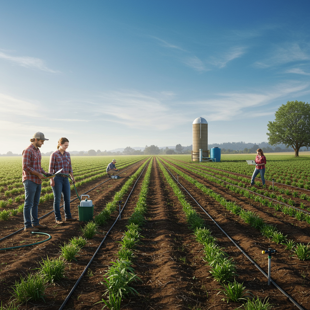 Drip irrigation system on hemp plants reducing water use in field