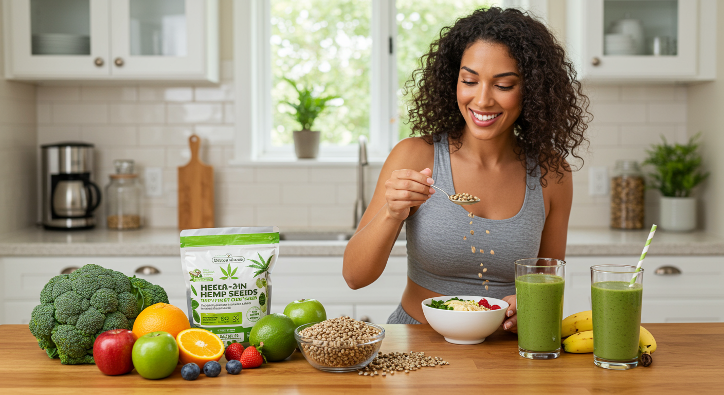 Handful of raw hemp seeds with fresh green hemp leaf