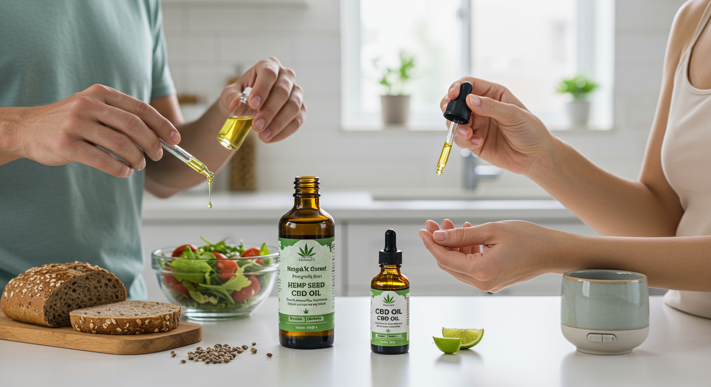 Glass bottles of various hemp oil extracts lined up on shelf