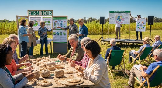 Community gathering at outdoor hemp farm event with visitors learning about plant uses