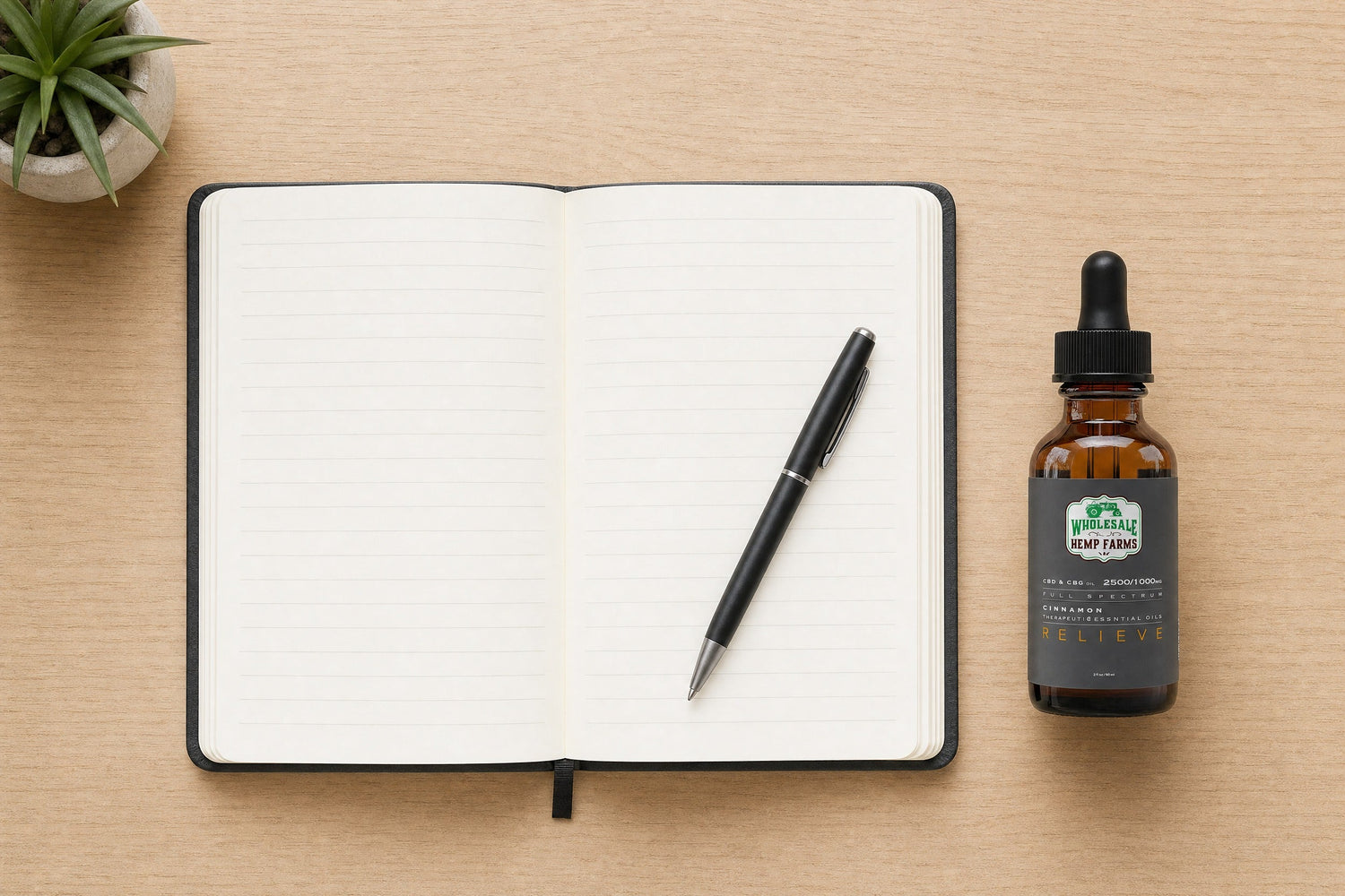 Open notebook and pen next to a Wholesale Hemp Farms CBD tincture on a clean desk, representing Medicare CBD program glossary