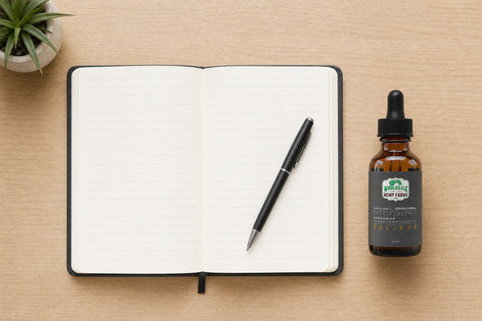 Open notebook and pen next to a Wholesale Hemp Farms CBD tincture on a clean desk, representing Medicare CBD program glossary