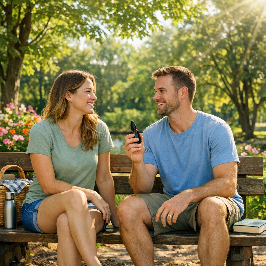 Person holding CBD oil tincture bottle, calm expression at home