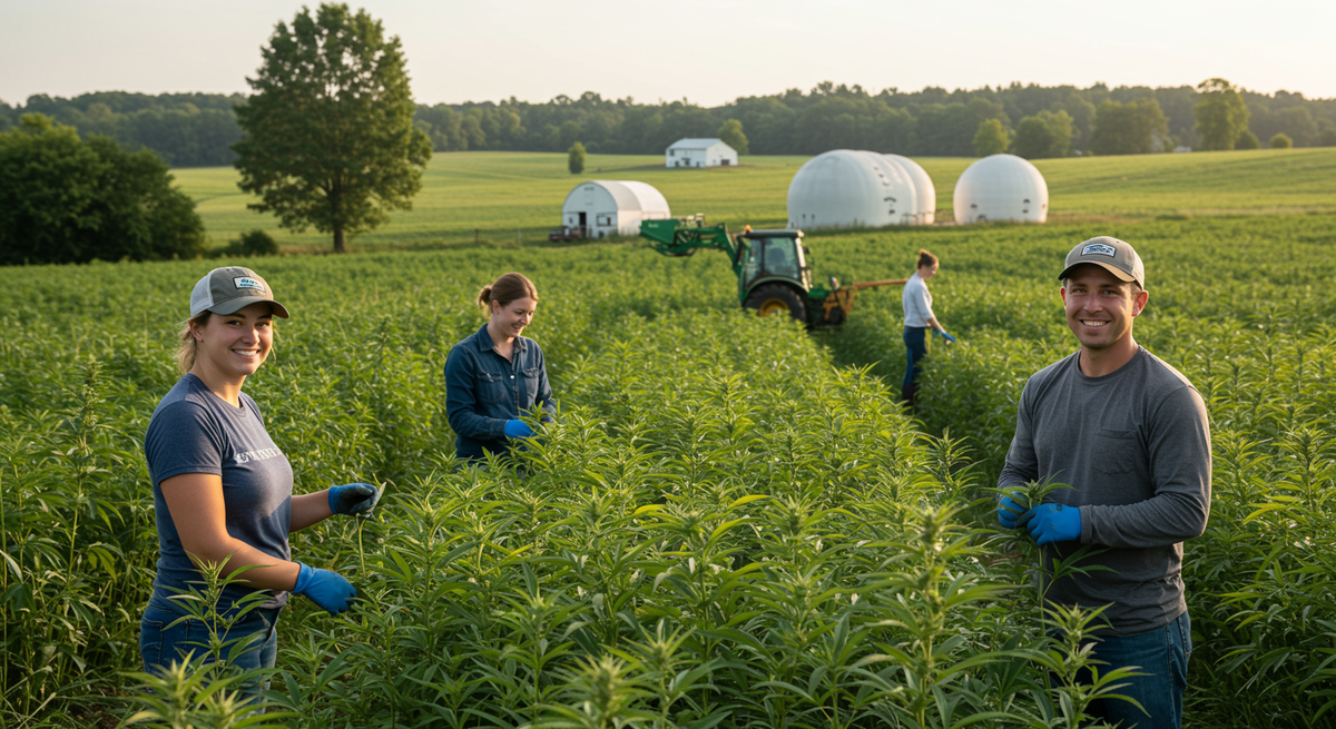 USDA Organic hemp field at harvest with farmer walking rows