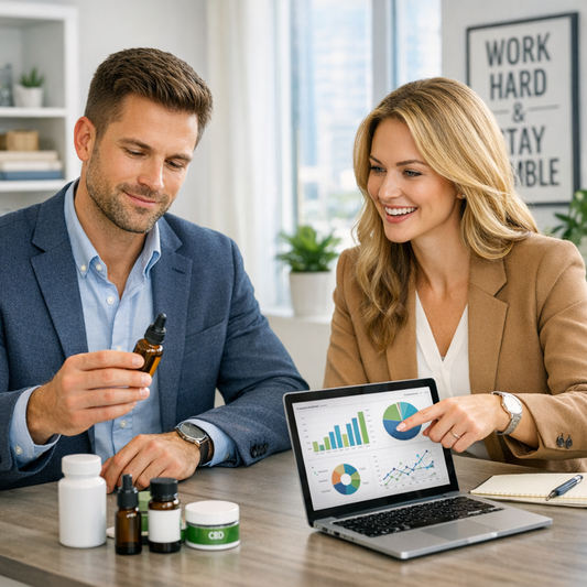 Wholesale CBD oil bottles and bulk hemp products on shelving