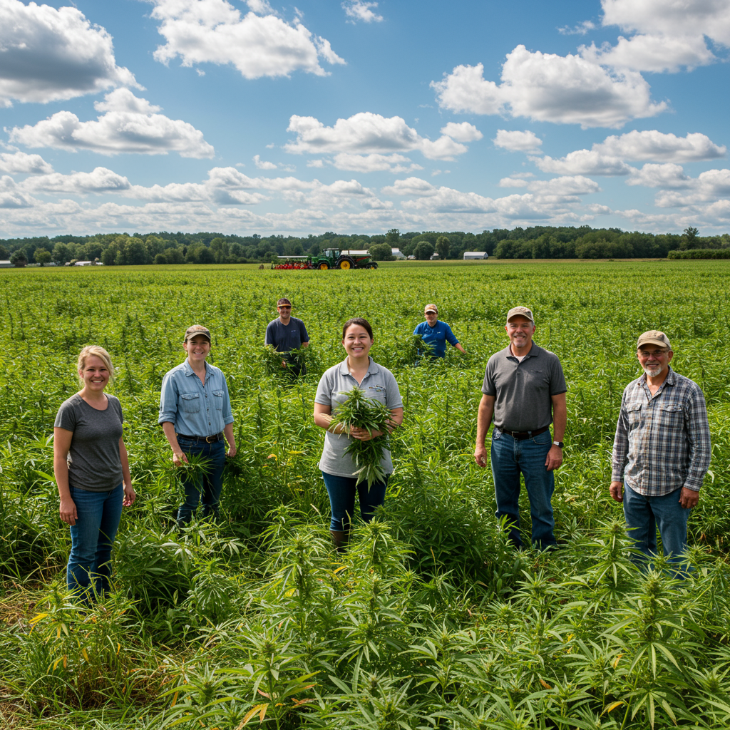Lush green hemp plants growing in organized rows across fertile farmland