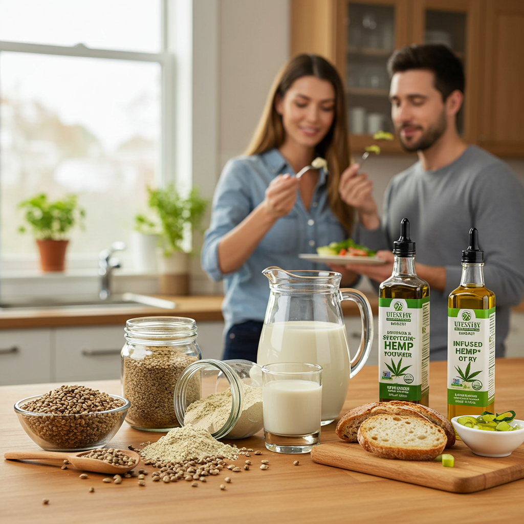 Bowl of hemp seeds with cooked hemp-infused dish ready to eat
