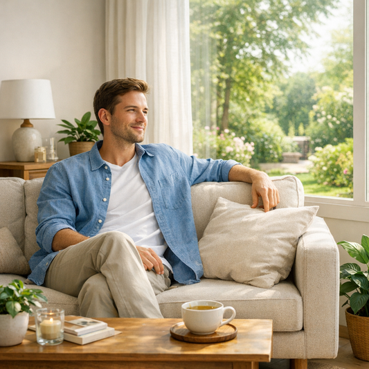 Person holding CBD tincture bottle in calm, peaceful environment