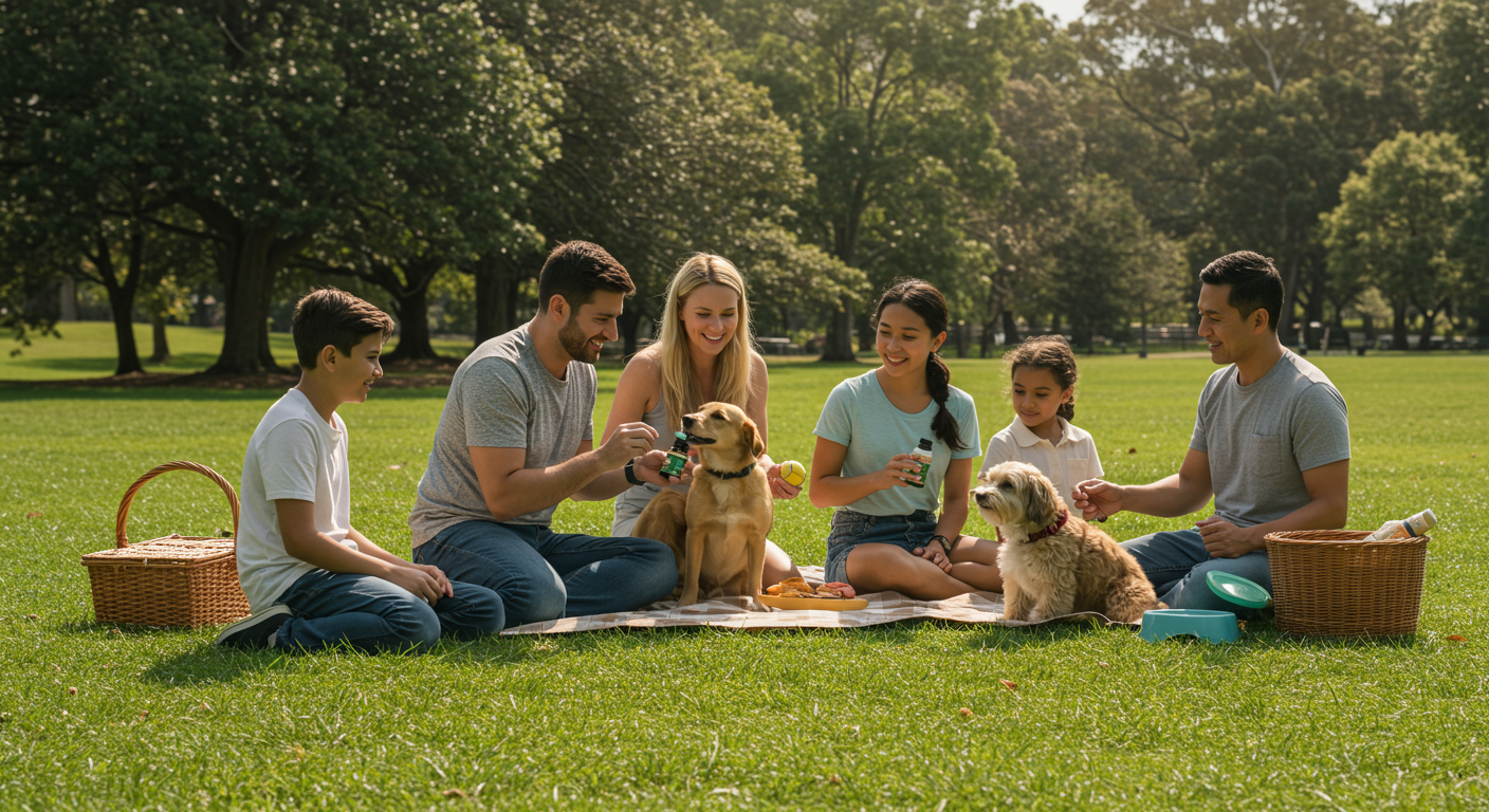 Dog receiving hemp supplement with wellness-focused pet care setup