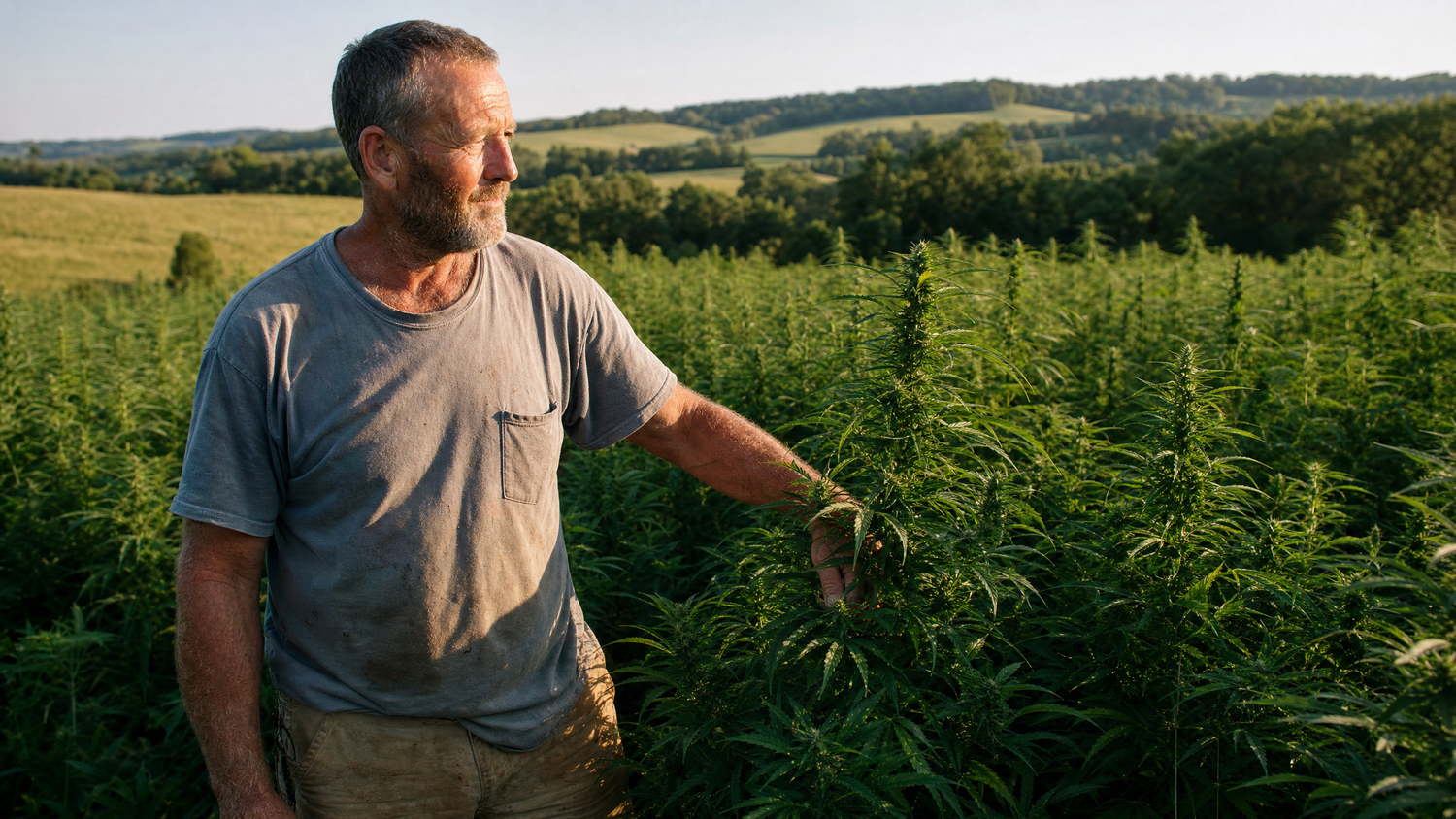 A Wholesale Hemp Farms grower walking rows of hemp plants under open Kentucky sky