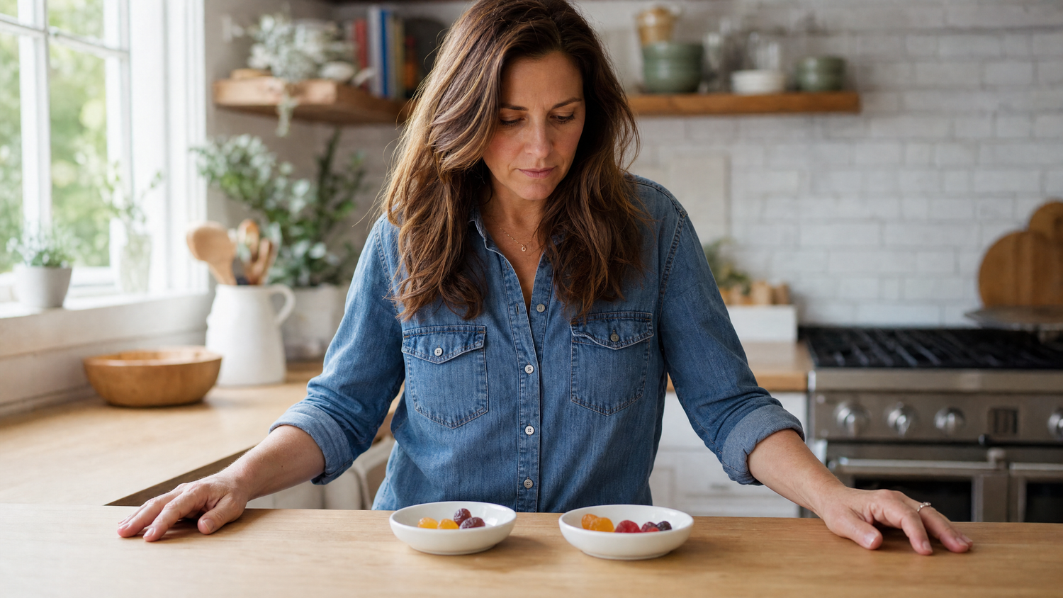 Person comparing THCV and THC gummies side by side at a kitchen counter