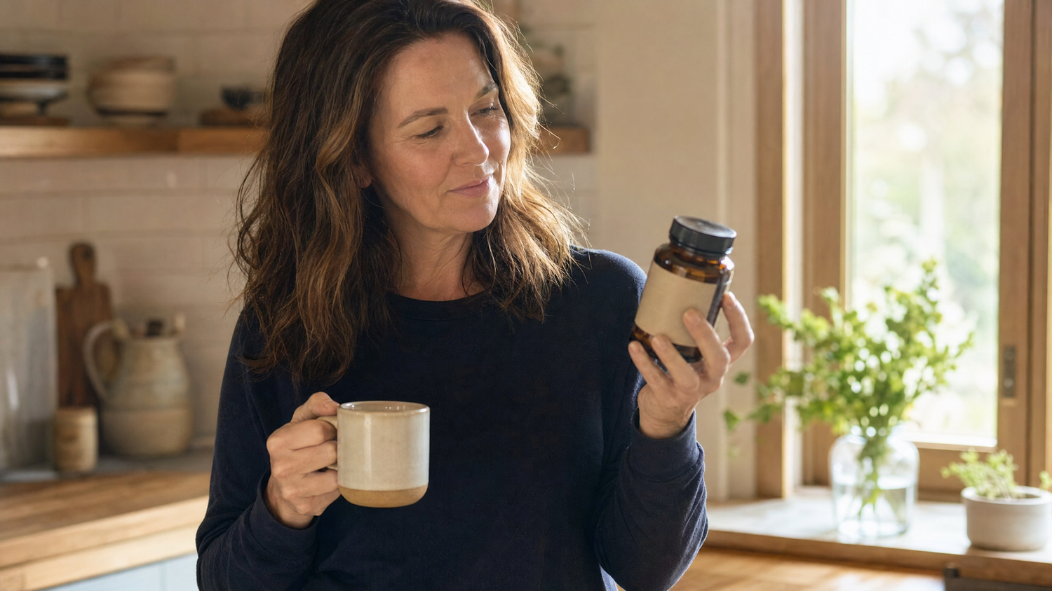 Woman in her late 40s at a sunlit farmhouse kitchen counter in the morning, holding a coffee mug and reading a hemp product label