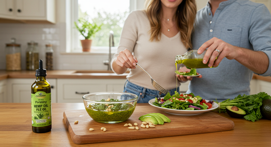 Golden hemp oil poured into cooking pan with fresh herbs and ingredients