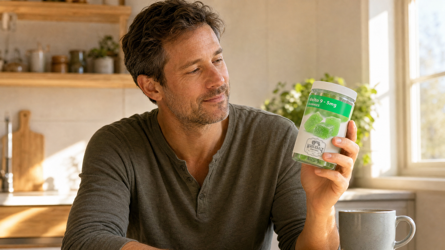 Man in a sunlit kitchen reading the label on a Wholesale Hemp Farms Hemp Delta-9 Gummy jar