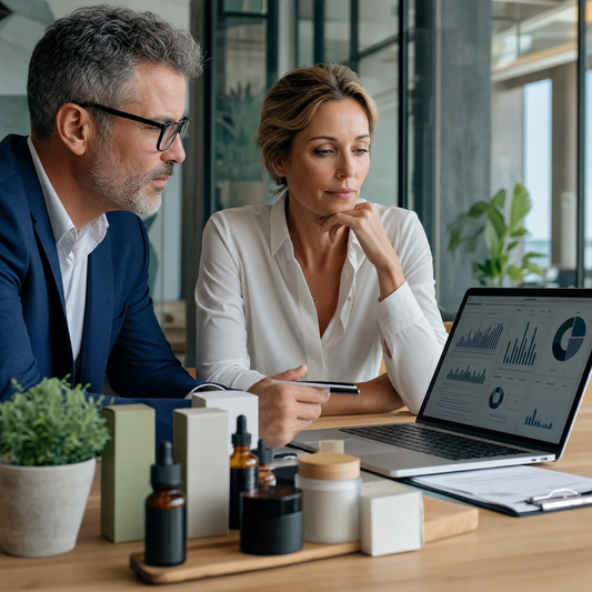 Business professionals reviewing CBD wholesale partnership profit metrics on a laptop with hemp products on the desk representing partnership performance optimization