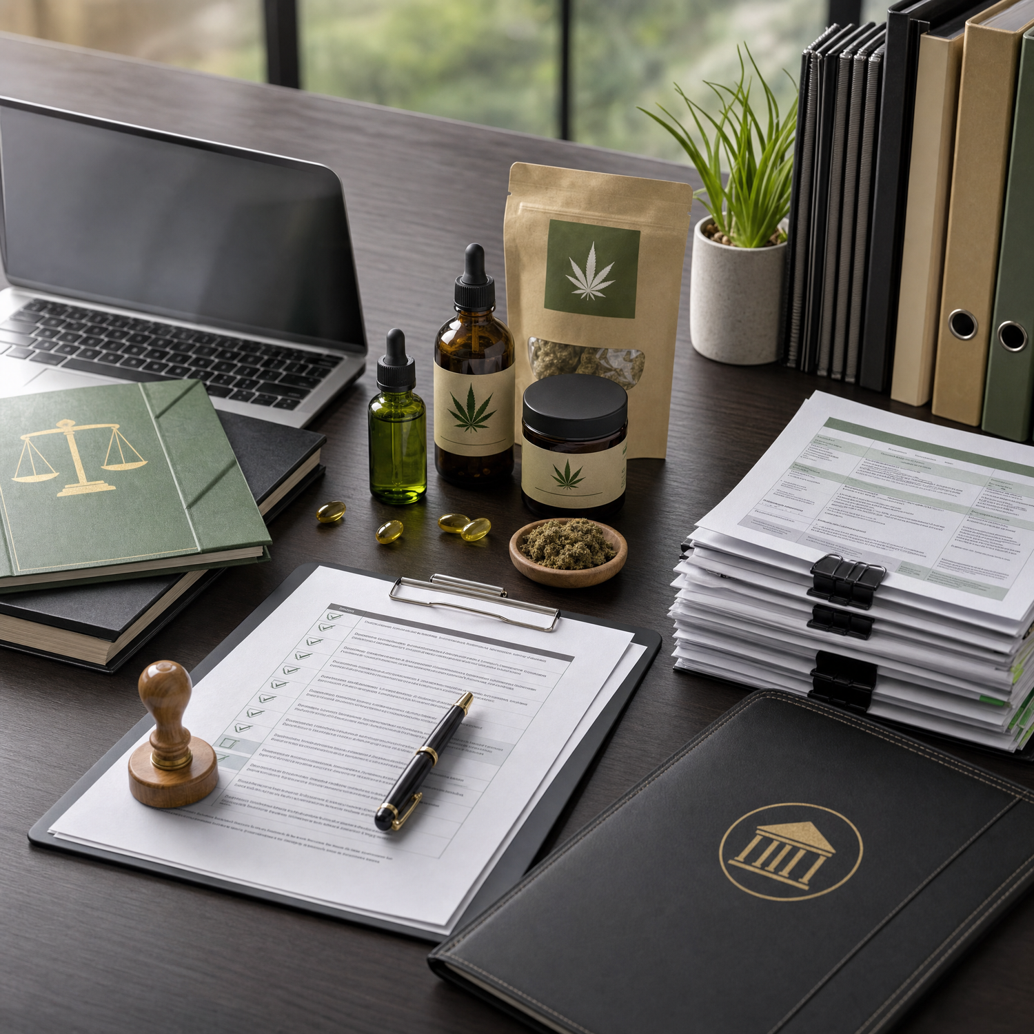 CBD products alongside a regulatory compliance checklist representing the systematic approach to CBD business compliance management
