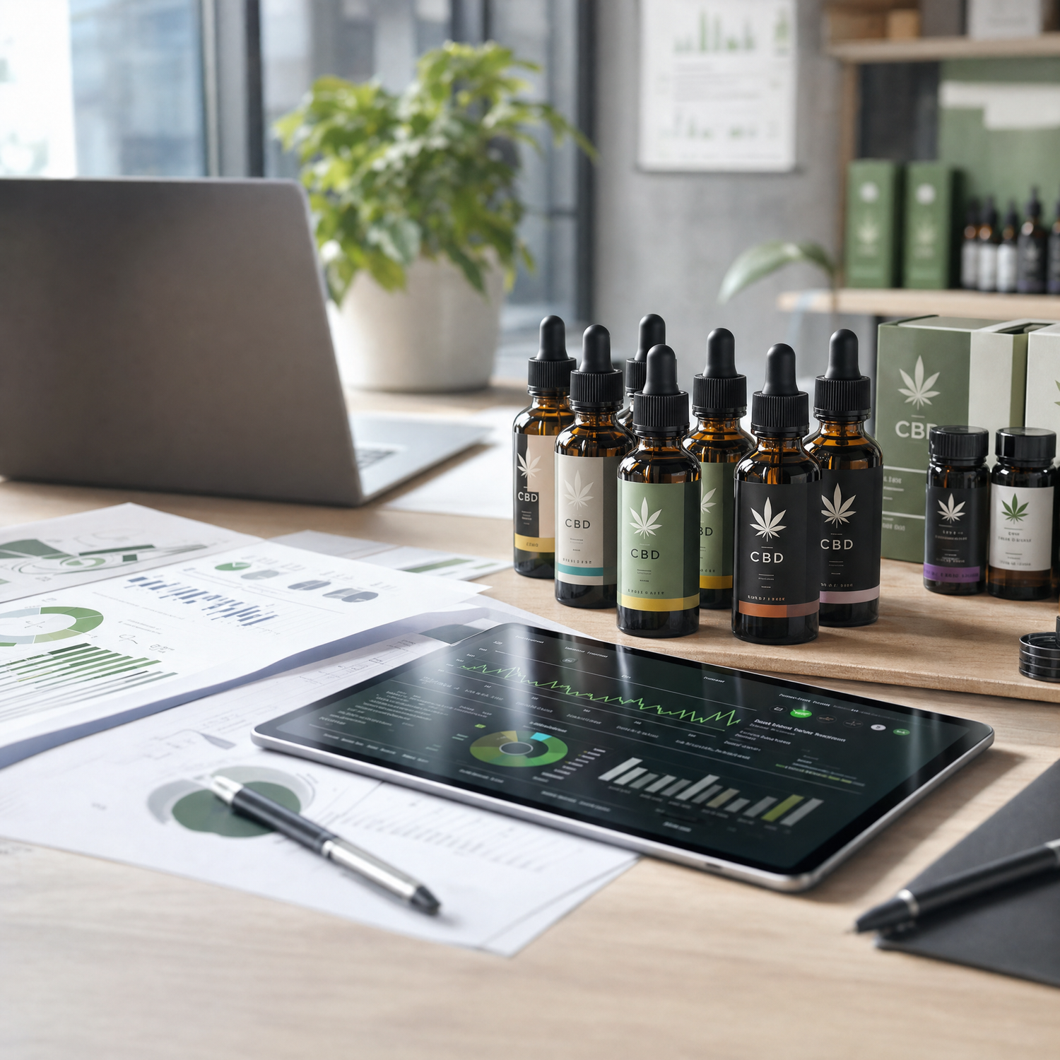 CBD tincture bottles alongside business analytics documents representing strategic CBD wholesale brand management and market intelligence