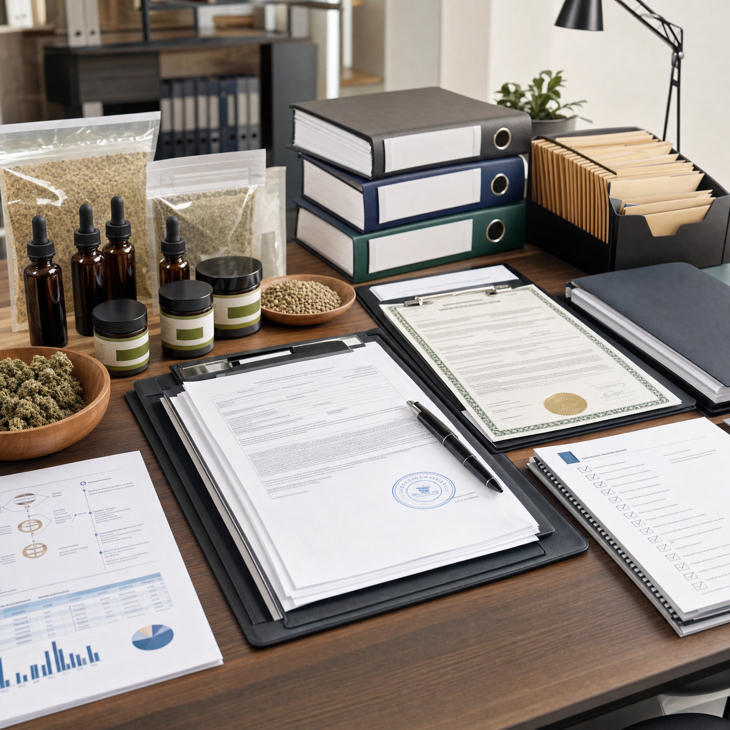 Organized hemp business compliance documentation paperwork representing the regulatory requirements for bulk hemp operations