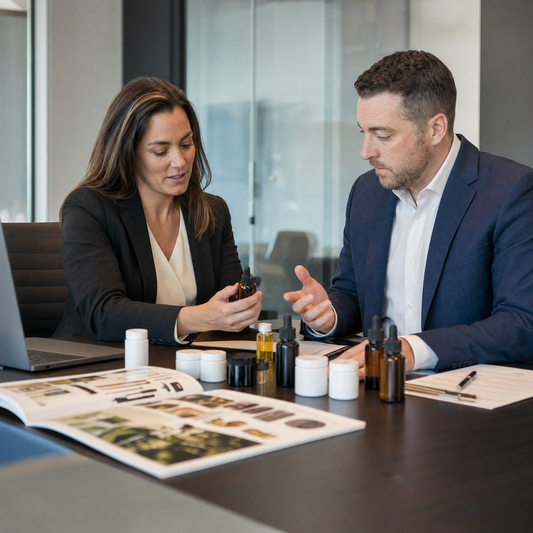 Business professionals reviewing white label CBD product samples and program documents in a conference room representing supplier partnership evaluation