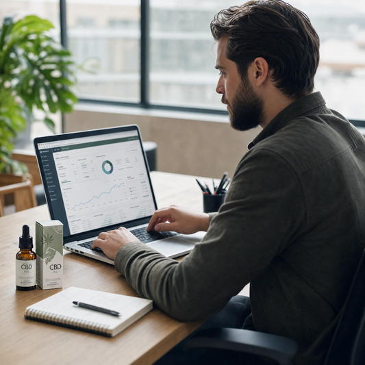 Marketing professional reviewing CBD brand website analytics on a laptop representing digital marketing strategy for a hemp business