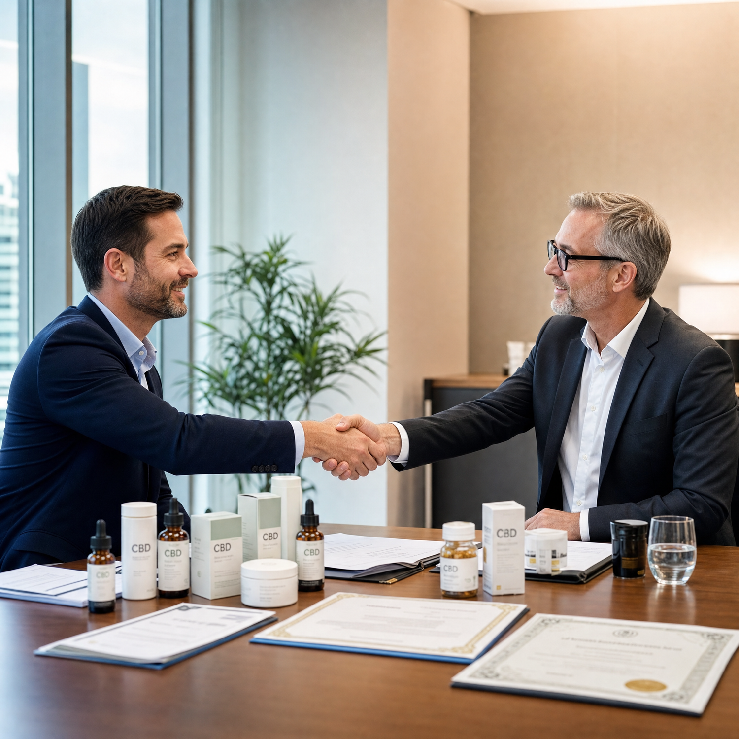 Business professionals shaking hands with CBD products and compliance documents on a table representing the establishment of a trusted hemp supplier partnership