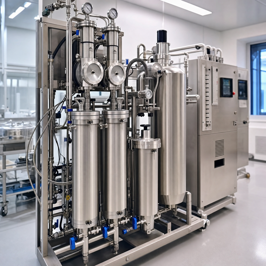 Professional hemp CBD extraction equipment in a clean industrial laboratory representing the extraction process for producing high-quality CBD oil