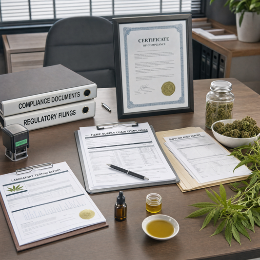Hemp compliance documentation including certificates and lab testing papers representing bulk hemp supply chain regulatory requirements