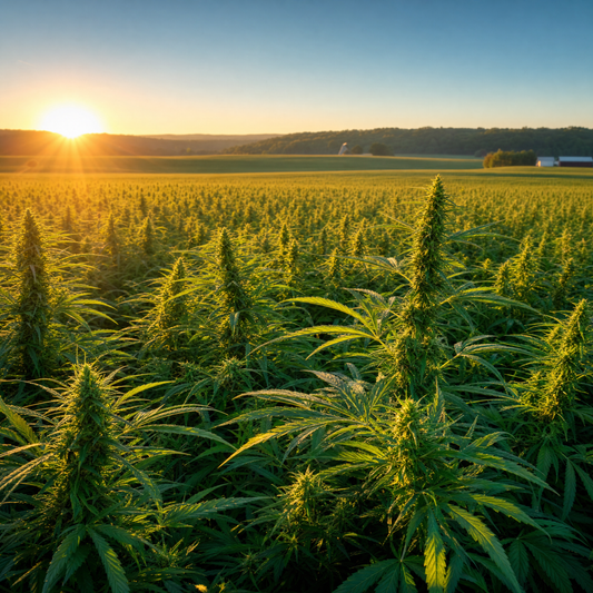 Expansive hemp field in full summer growth representing the US hemp and CBD market agricultural foundation