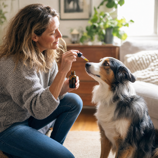 Pet owner with calm dog and CBD oil dropper representing hemp CBD product use for dogs in a home wellness context