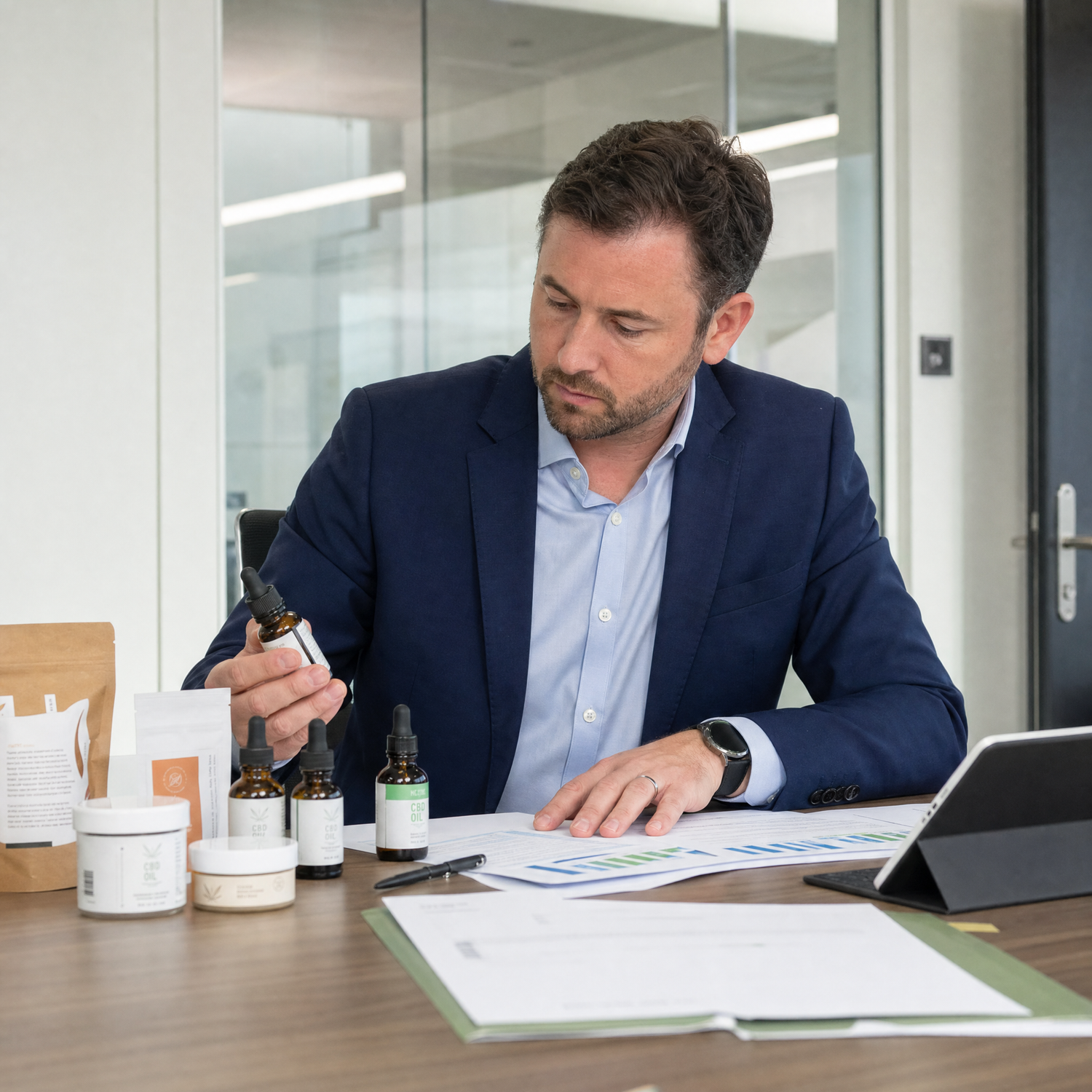 Business professional evaluating CBD product samples and supplier documentation in a professional procurement review setting
