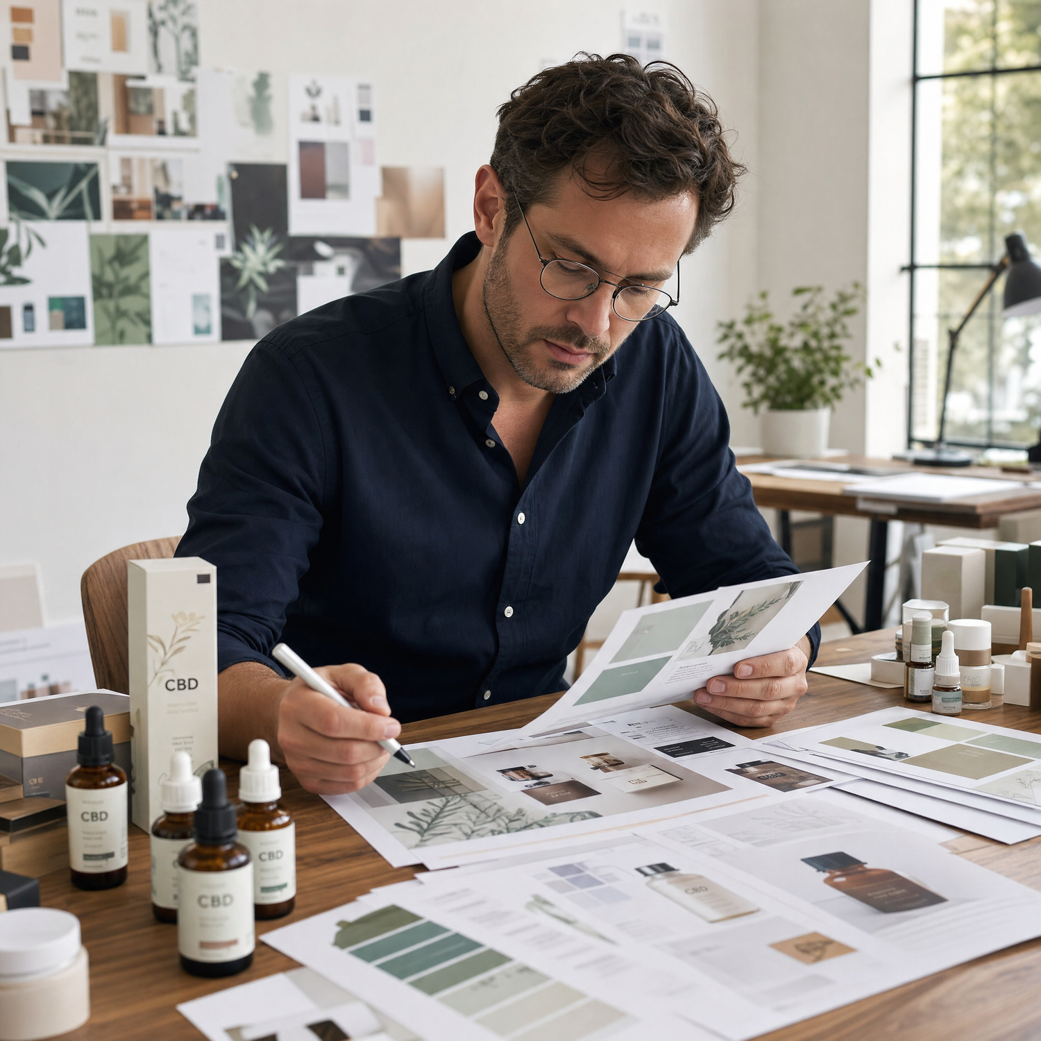 Brand designer reviewing CBD product label mockups and identity design assets in a professional creative studio