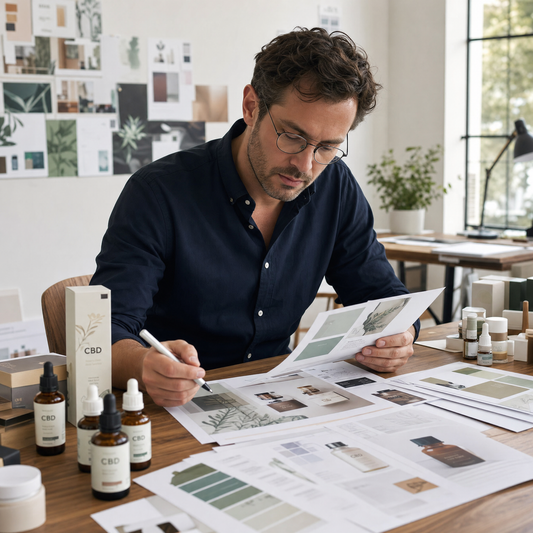 Brand designer reviewing CBD product label mockups and identity design assets in a professional creative studio
