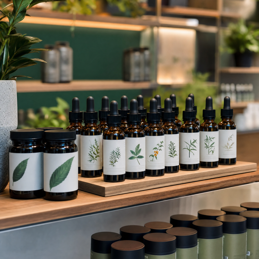 Premium CBD tincture bottles organized on a retail store shelf representing wholesale CBD product inventory for resellers