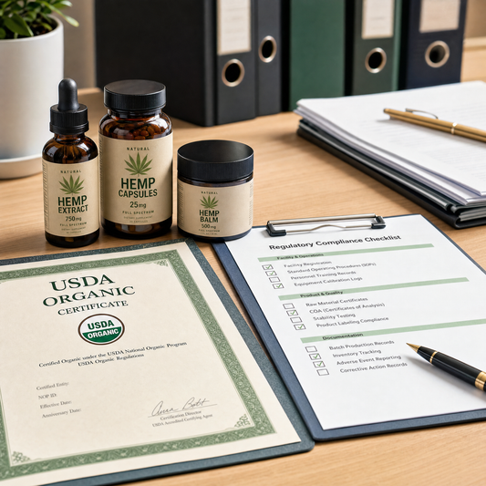Hemp CBD products alongside regulatory compliance documents representing the legal landscape for CBD businesses