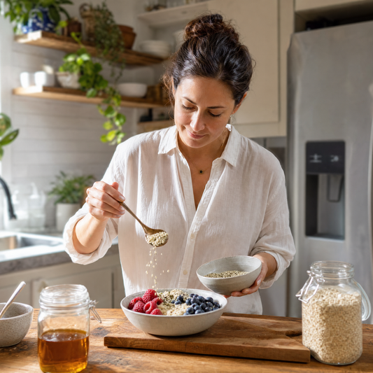 Woman adding hemp hearts to a yogurt bowl in a morning kitchen