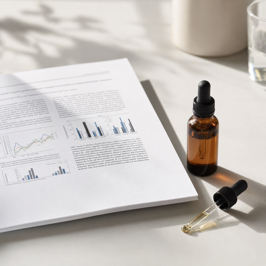 Scientific research journal pages beside a CBD tincture bottle on a wooden surface
