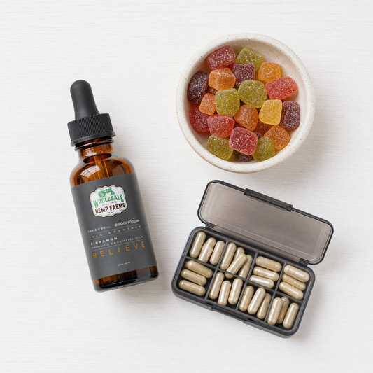 CBD tincture bottle, CBD gummies, and capsule organizer overhead showing three delivery formats